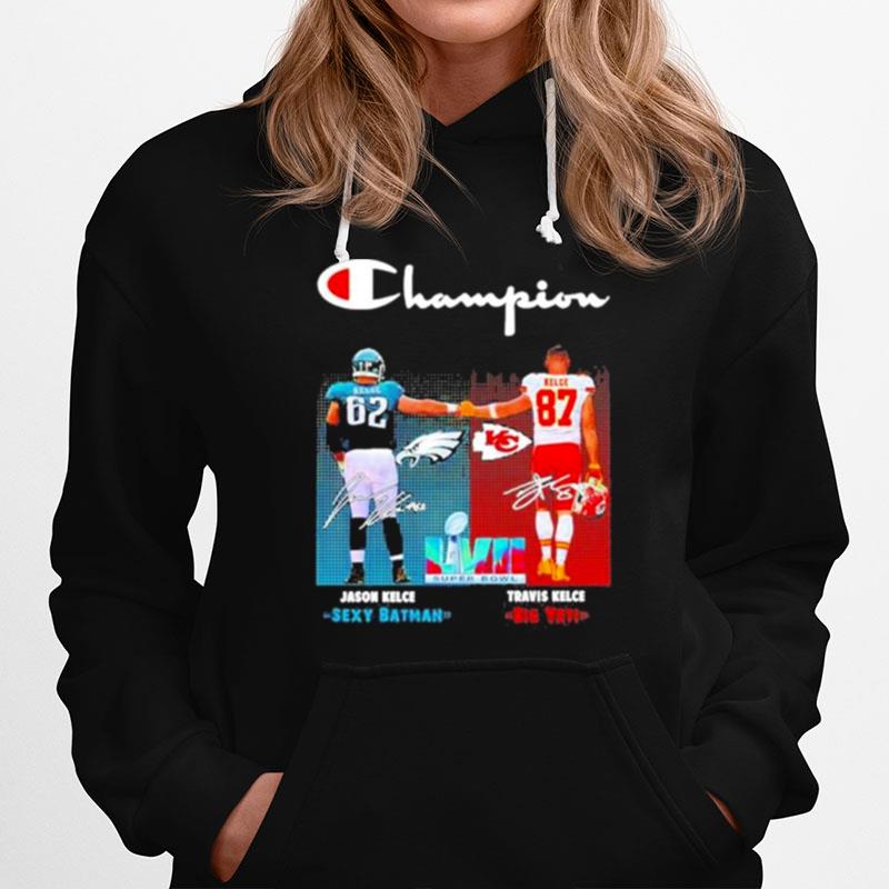 Travis Kelce Big Yeti And Jason Kelce Sexy Batman 2023 Champion Signatures Hoodie