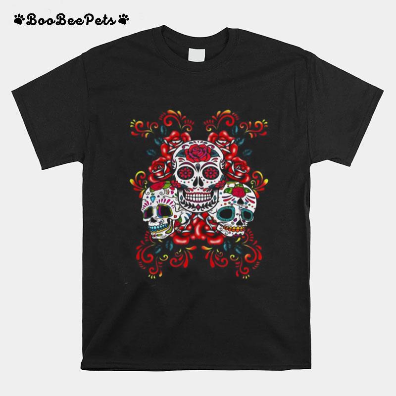 Triple Skull Red Floral Day Of The Dead Sugar Skulls T-Shirt