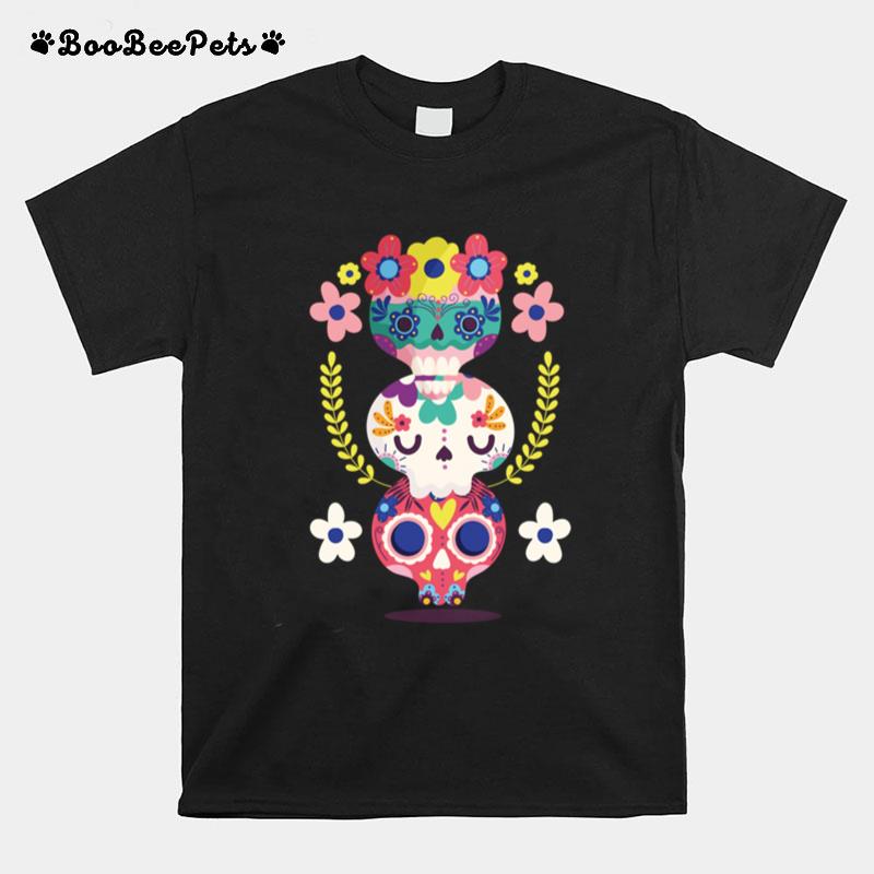 Triple Sugar Skull Colorful Day Of The Dead T-Shirt