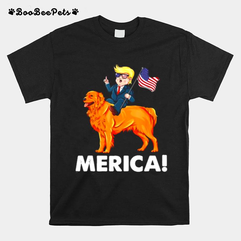Trump Merica Riding A Golden Retriever Dog Patriotic T-Shirt