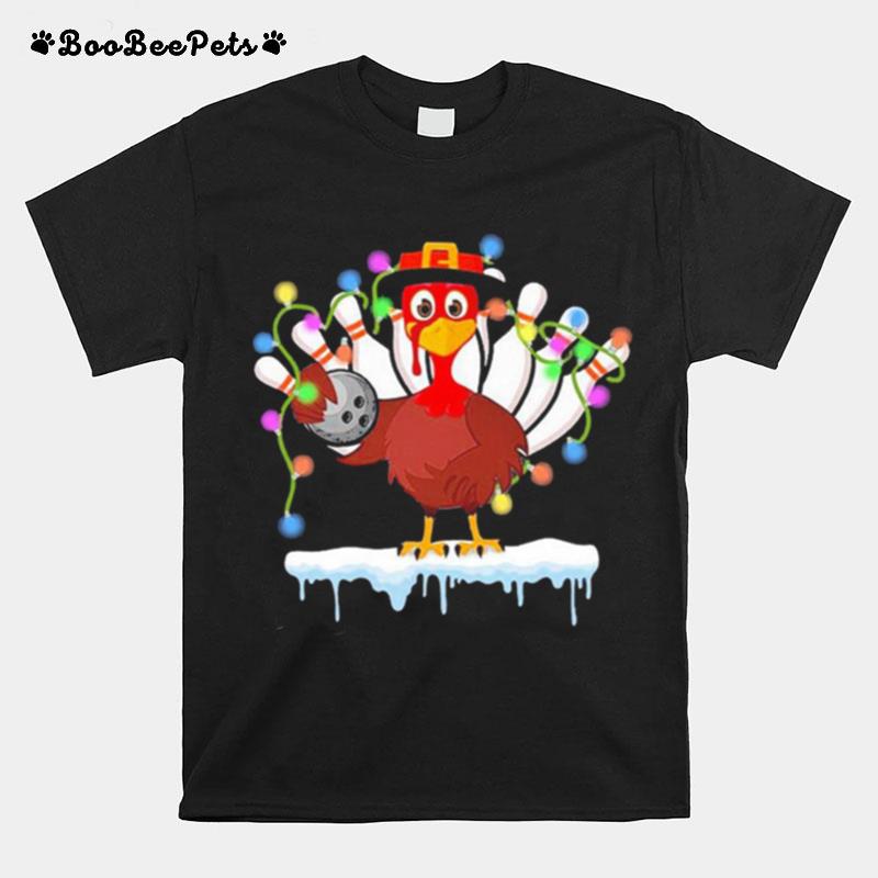 Turkey Playing Bolling Happy Light Christmas T-Shirt