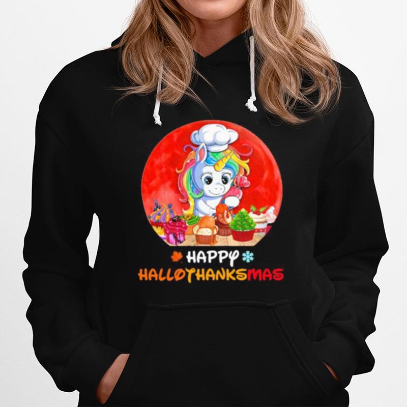 Unicorn Happy Hallothanksmas Halloween Thanksgiving Christmas Sunset Hoodie