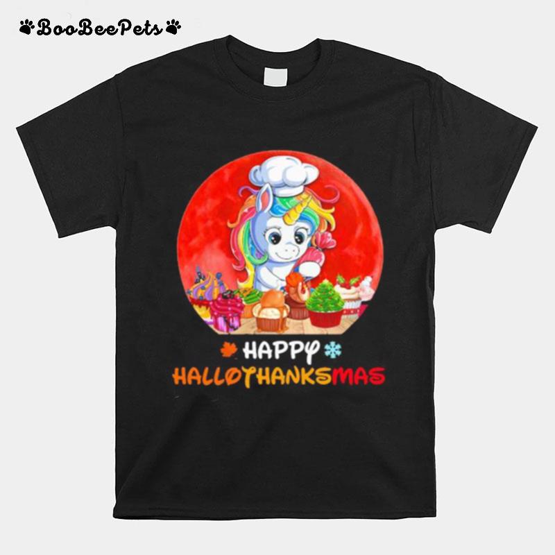 Unicorn Happy Hallothanksmas Halloween Thanksgiving Christmas Sunset T-Shirt