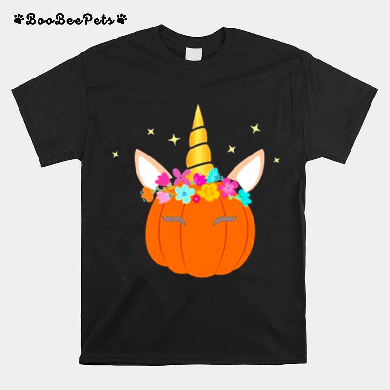 Unicorn Pumpkin Halloween Thanksgiving With Flowers T-Shirt