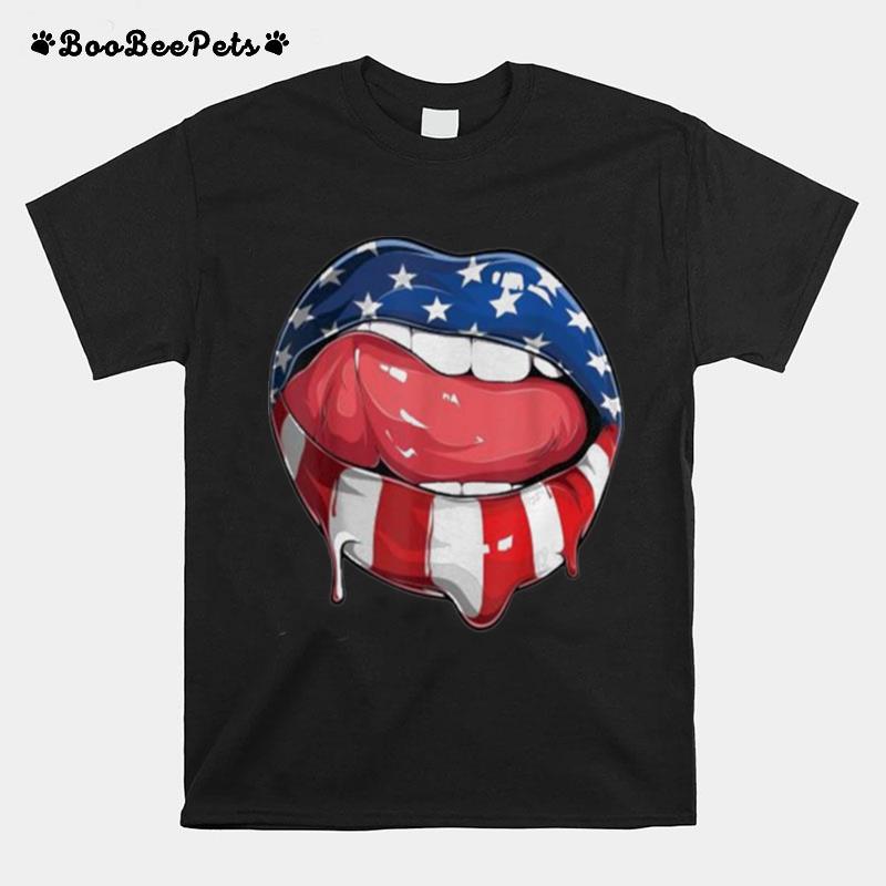 Usa Flag Dripping Lips 4Th Of July Patriotic American T-Shirt