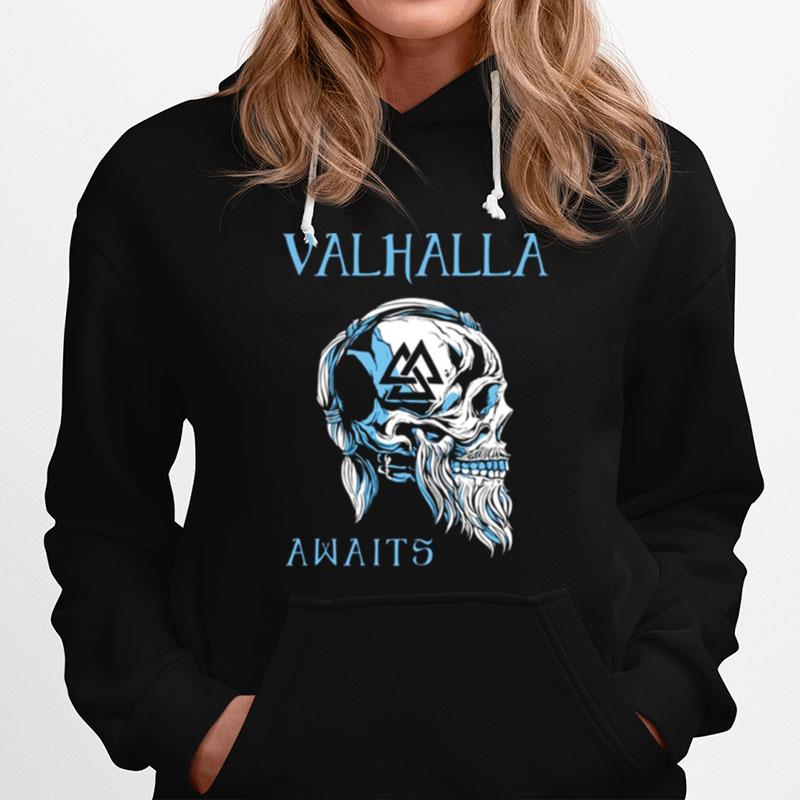 Valhalla Awaits Viking Skull Black And Blue Vikings Valhalla Hoodie