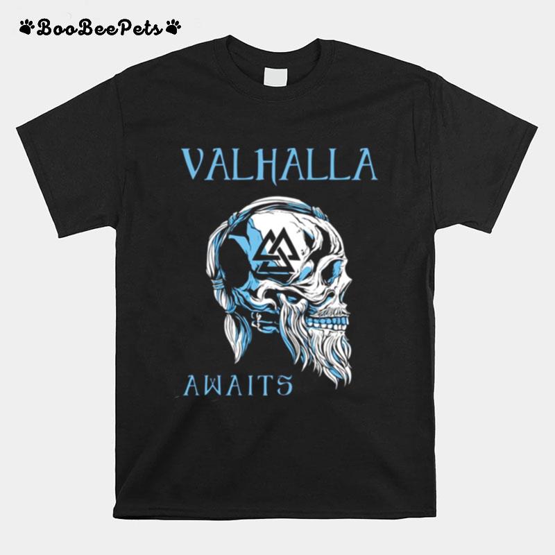 Valhalla Awaits Viking Skull Black And Blue Vikings Valhalla T-Shirt