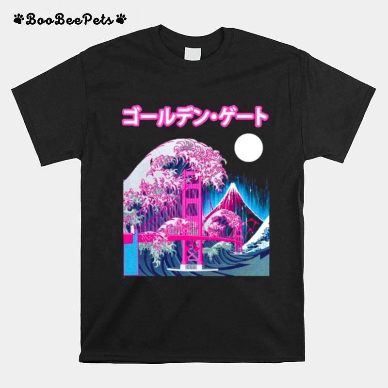 Vaporwave Glitch Aesthetic Japan Golden Gate Bridge Mt. Fuji T-Shirt