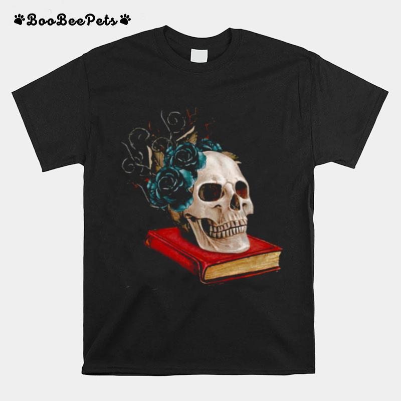 Watercolor Gothic Skull On A Book With Thorns And Black Roses T-Shirt