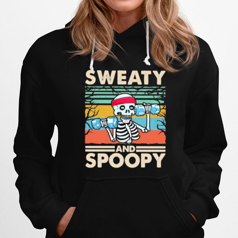 Weightlifting Skeleton Sweaty And Spooky Vintage Retro Hoodie