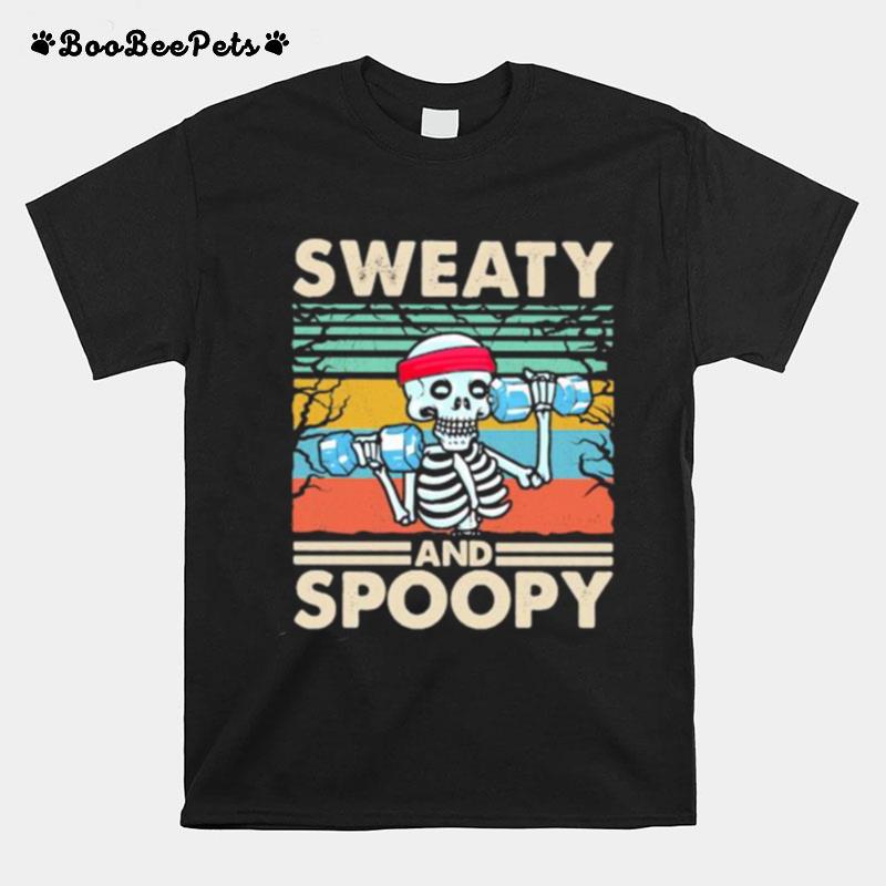 Weightlifting Skeleton Sweaty And Spooky Vintage Retro T-Shirt