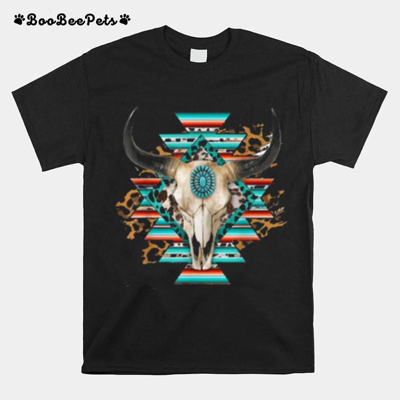 Western Serape Aztec Cow Skull Bull Skull Cowgirl Rodeo Girl T-Shirt