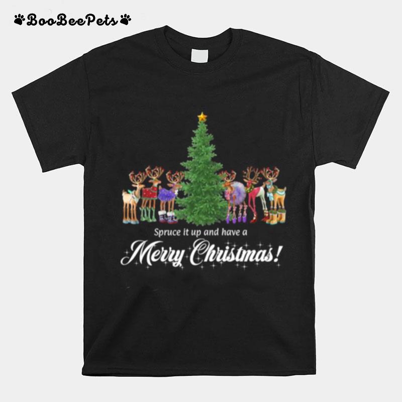 Whimsical Reindeer Spruce Tree Merry Christmas T-Shirt