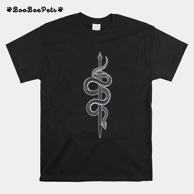 White Snake With Sword Motif Minimalist Style T-Shirt