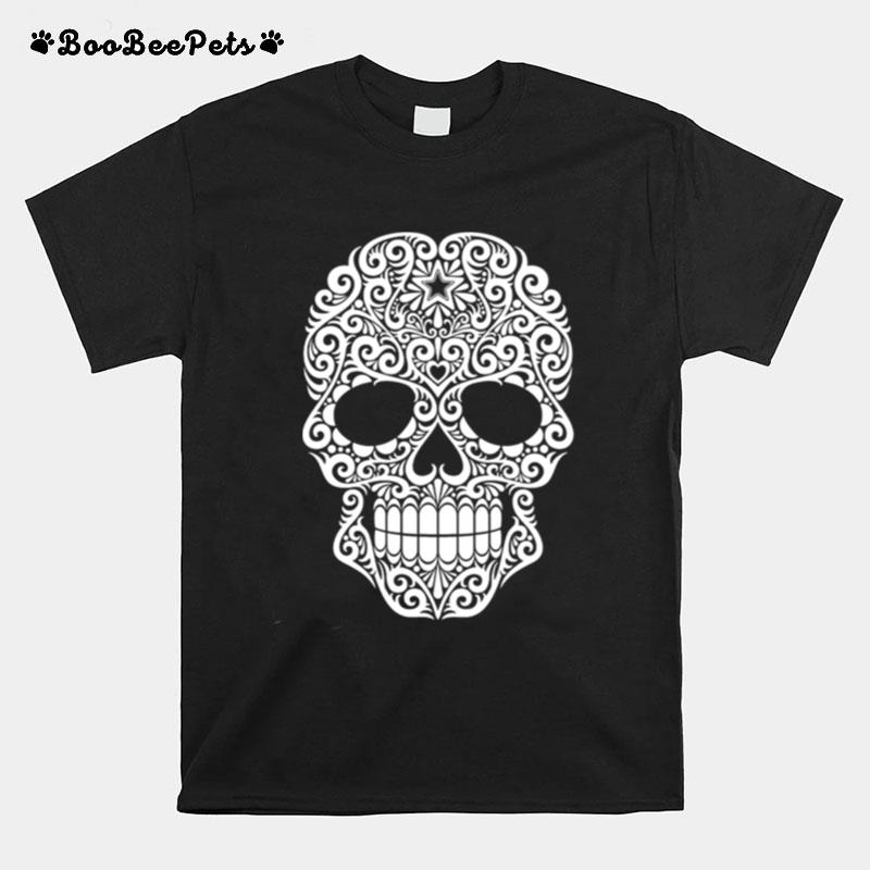 White Swirling Lines Sugar Skull Day Dead T-Shirt