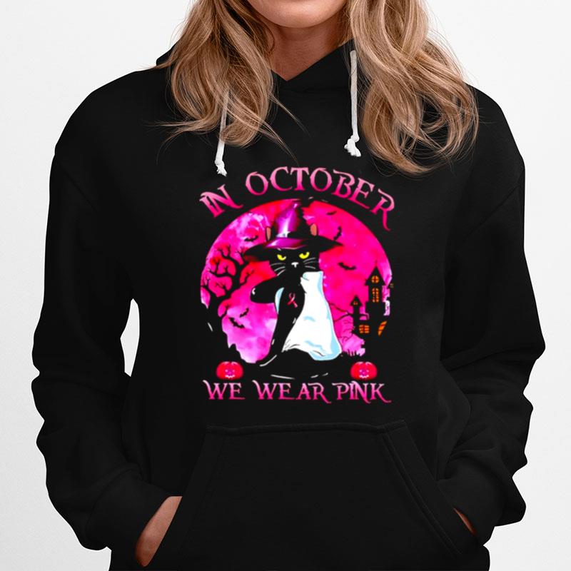 Witch Cat In October We Wear Pink Breast Cancer Hoodie